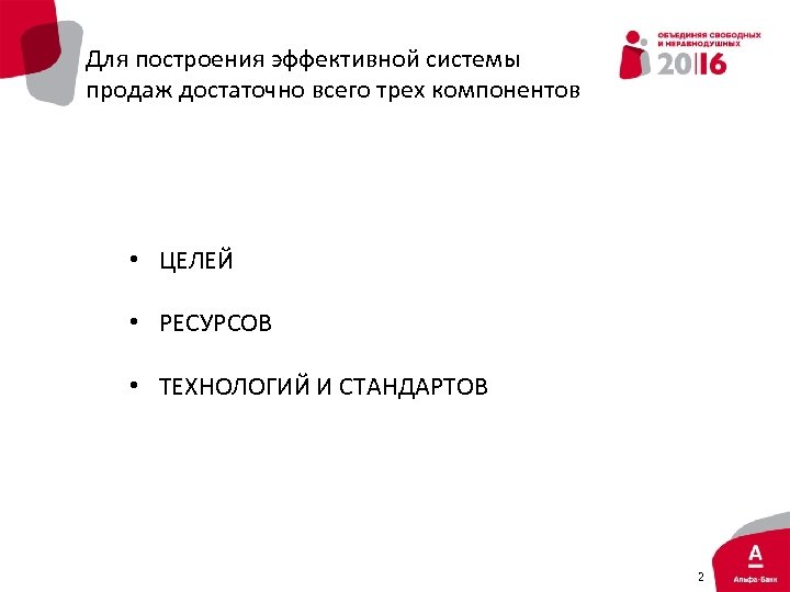 Для построения эффективной системы продаж достаточно всего трех компонентов • ЦЕЛЕЙ • РЕСУРСОВ •