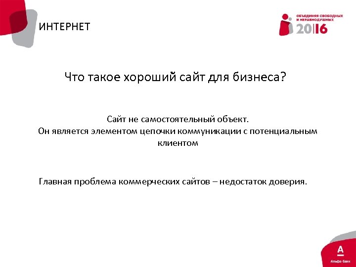 ИНТЕРНЕТ Что такое хороший сайт для бизнеса? Сайт не самостоятельный объект. Он является элементом