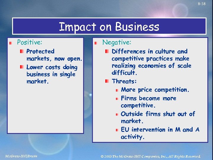 8 -38 Impact on Business Positive: Protected markets, now open. Lower costs doing business