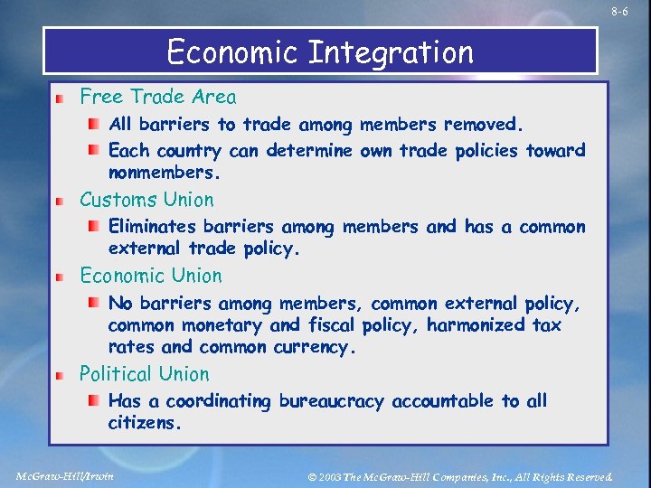 8 -6 Economic Integration Free Trade Area All barriers to trade among members removed.