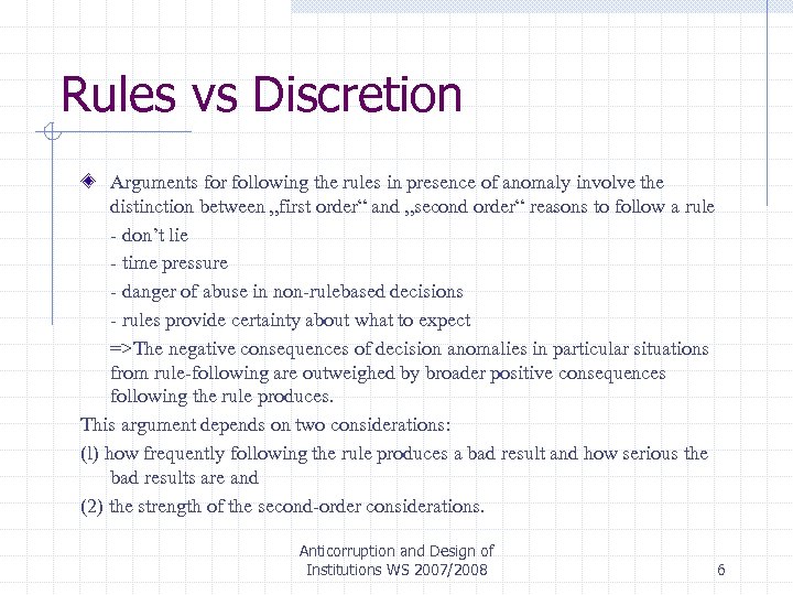 Rules vs Discretion Arguments for following the rules in presence of anomaly involve the