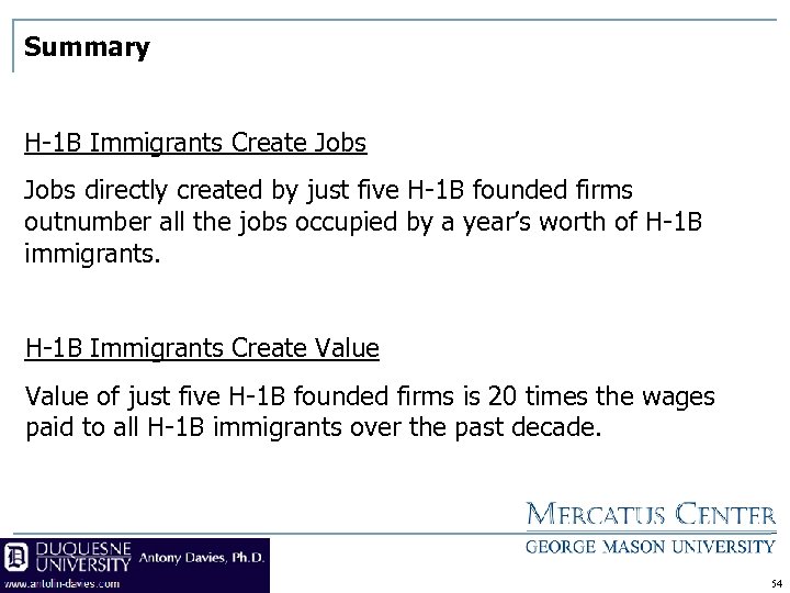 Summary H-1 B Immigrants Create Jobs directly created by just five H-1 B founded