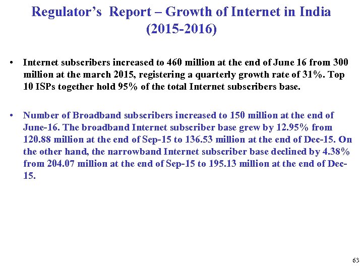 Regulator’s Report – Growth of Internet in India (2015 -2016) • Internet subscribers increased