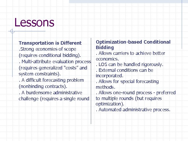 Lessons Transportation is Different. Strong economies of scope (requires conditional bidding). . Multi-attribute evaluation