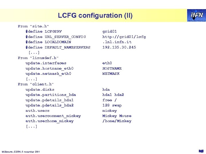 LCFG configuration (II) From "site. h" #define LCFGSRV #define URL_SERVER_CONFIG #define LOCALDOMAIN #define DEFAULT_NAMESERVERS