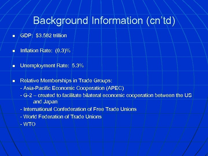Background Information (cn’td) n GDP: $3. 582 trillion n Inflation Rate: (0. 3)% n