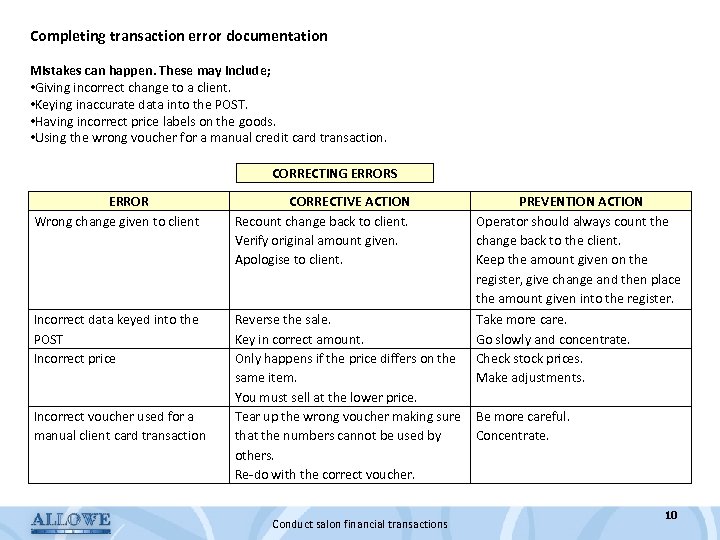 Completing transaction error documentation Mistakes can happen. These may include; • Giving incorrect change