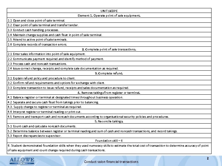 UNIT SCOPE Element 1. Operate point of sale equipment. 1. 1 Open and close