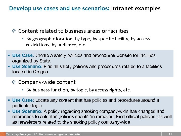 Develop use cases and use scenarios: Intranet examples v Content related to business areas