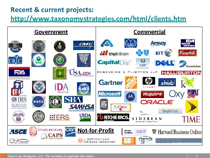 Recent & current projects: http: //www. taxonomystrategies. com/html/clients. htm Government Commercial Not-for-Profit Taxonomy Strategies