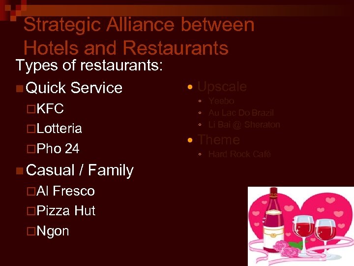 Strategic Alliance between Hotels and Restaurants Types of restaurants: n Quick Service ◦ Yeebo