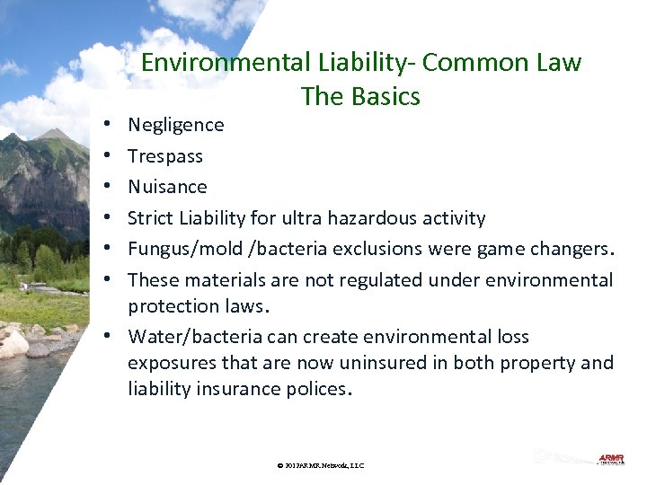 Environmental Liability- Common Law The Basics Negligence Trespass Nuisance Strict Liability for ultra hazardous