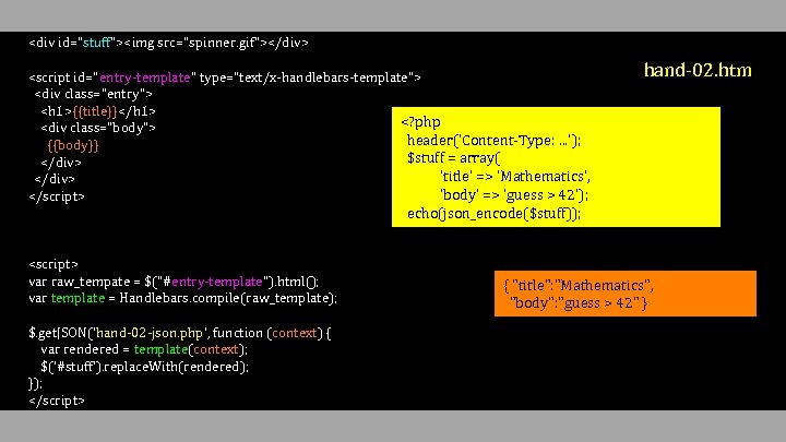 <div id="stuff"><img src="spinner. gif"></div> <script id="entry-template" type="text/x-handlebars-template"> <div class="entry"> <h 1>{{title}}</h 1> <? php