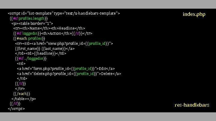 <script id="list-template" type="text/x-handlebars-template"> {{#if profiles. length}} <p><table border="1"> <tr><th>Name</th><th>Headline</th> {{#if loggedin}}<th>Action</th>{{/if}}</tr> {{#each profiles}} <tr><td><a