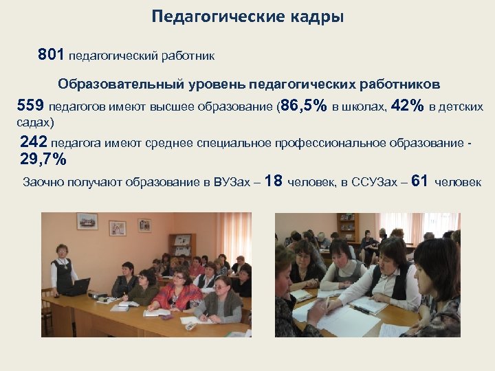 Педагогические кадры 801 педагогический работник Образовательный уровень педагогических работников 559 педагогов имеют высшее образование