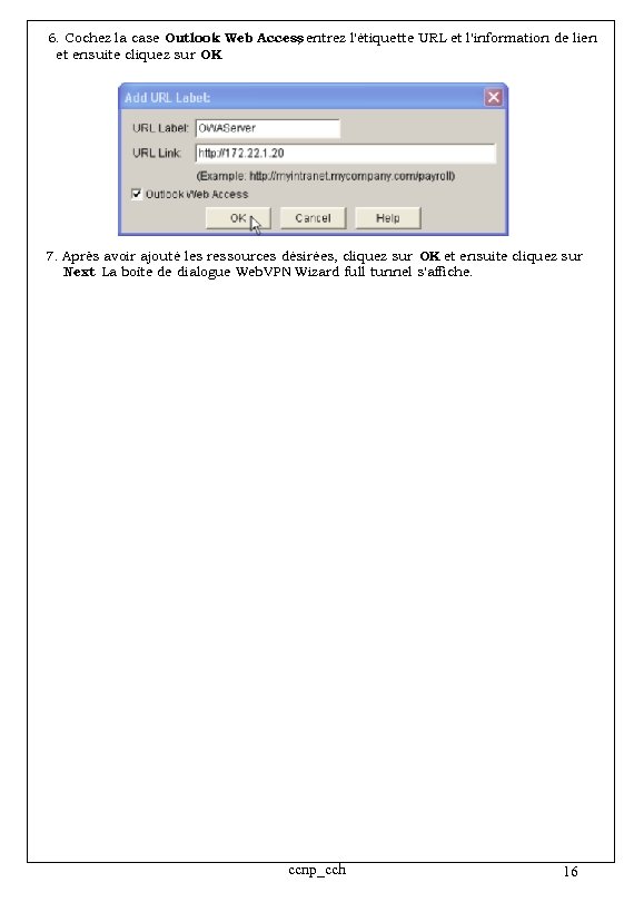 6. Cochez la case Outlook Web Access entrez l'étiquette URL et l'information de lien