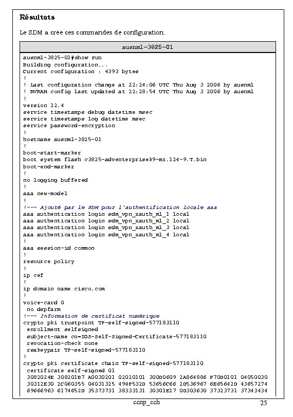 Résultats Le SDM a crée ces commandes de configuration. ausnml− 3825− 01#show run Building