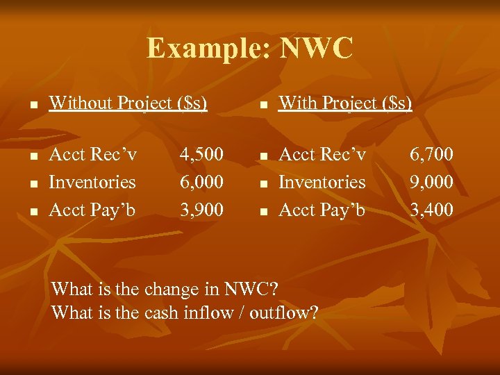 Example: NWC n n Without Project ($s) Acct Rec’v Inventories Acct Pay’b 4, 500