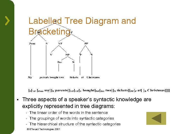 Labelled Tree Diagram and Bracketing § Three aspects of a speaker’s syntactic knowledge are