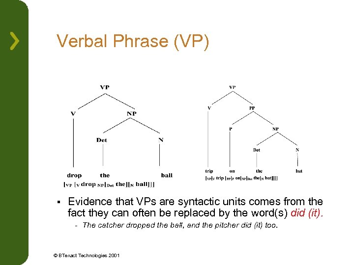 Verbal Phrase (VP) § Evidence that VPs are syntactic units comes from the fact