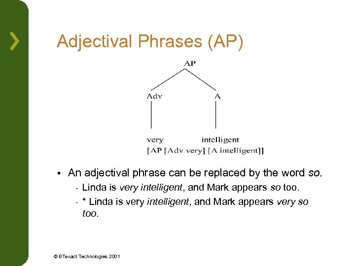 Adjectival Phrases (AP) § An adjectival phrase can be replaced by the word so.