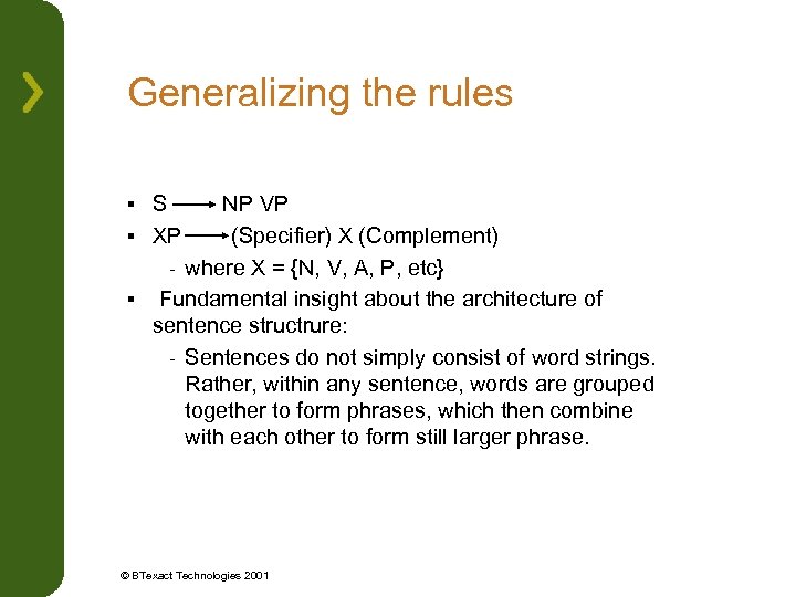 Generalizing the rules S NP VP § XP (Specifier) X (Complement) - where X