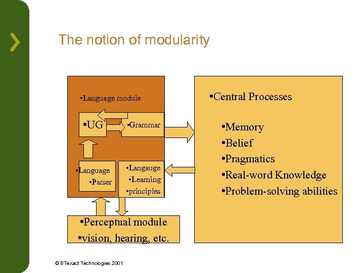 The notion of modularity • Language module • UG • Grammar • Language •