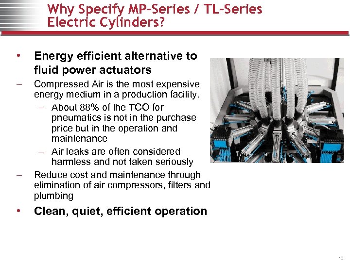 Why Specify MP-Series / TL-Series Electric Cylinders? • Energy efficient alternative to fluid power