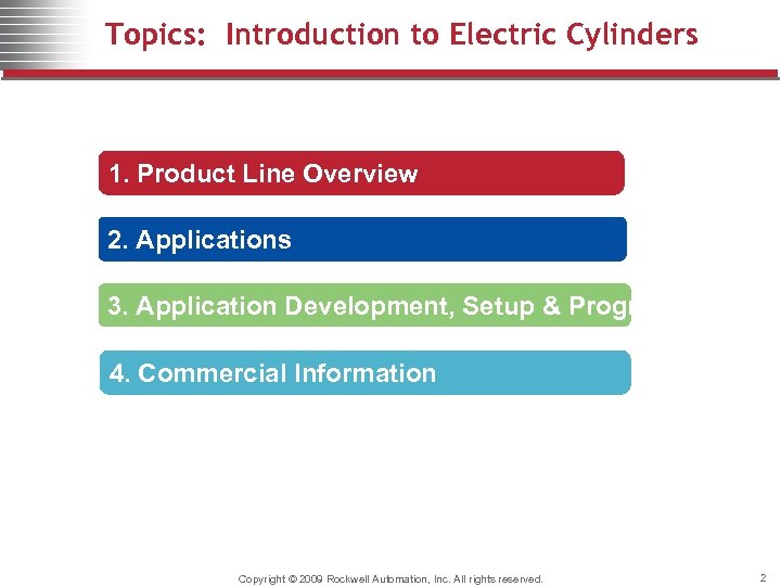 Topics: Introduction to Electric Cylinders 1. Product Line Overview 2. Applications 3. Application Development,