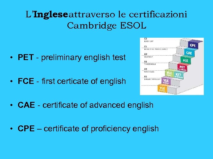 L’Inglese attraverso le certificazioni Cambridge ESOL • PET - preliminary english test • FCE