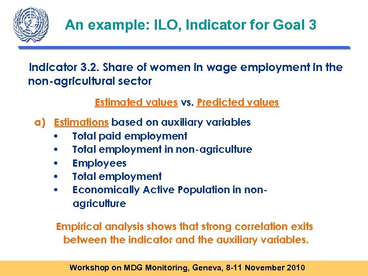An example: ILO, Indicator for Goal 3 Indicator 3. 2. Share of women in