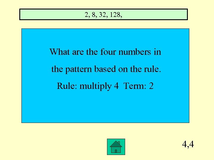 2, 8, 32, 128, What are the four numbers in the pattern based on