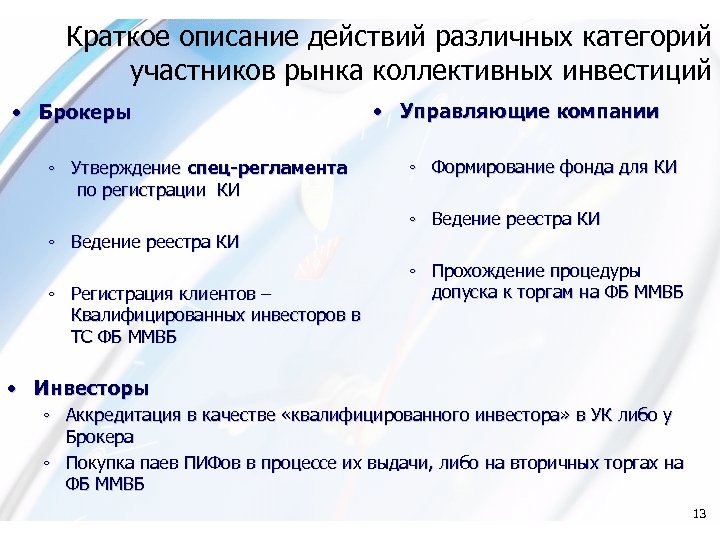 Краткое описание действий различных категорий участников рынка коллективных инвестиций • Брокеры ◦ Утверждение спец-регламента