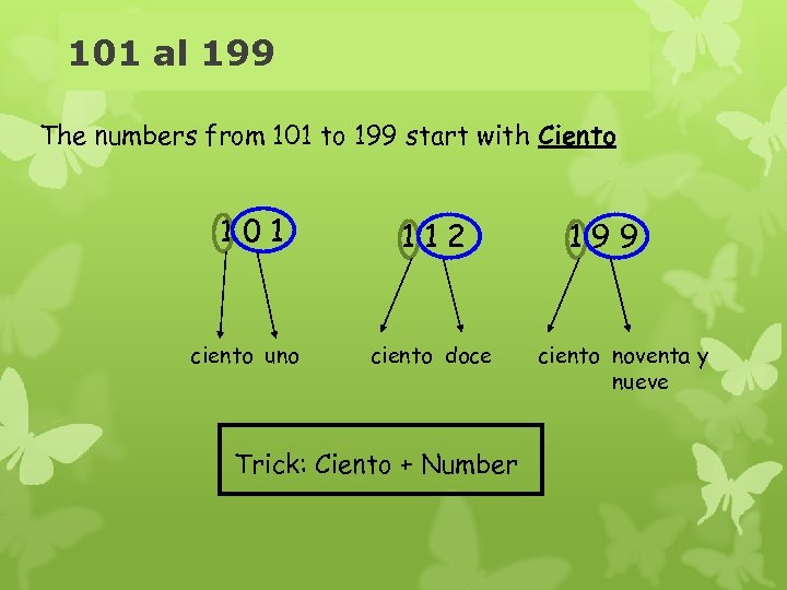 101 al 199 The numbers from 101 to 199 start with Ciento 101 ciento