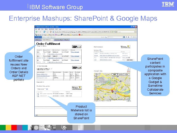 IBM Software Group Enterprise Mashups: Share. Point & Google Maps Order Fulfillment Order fulfillment