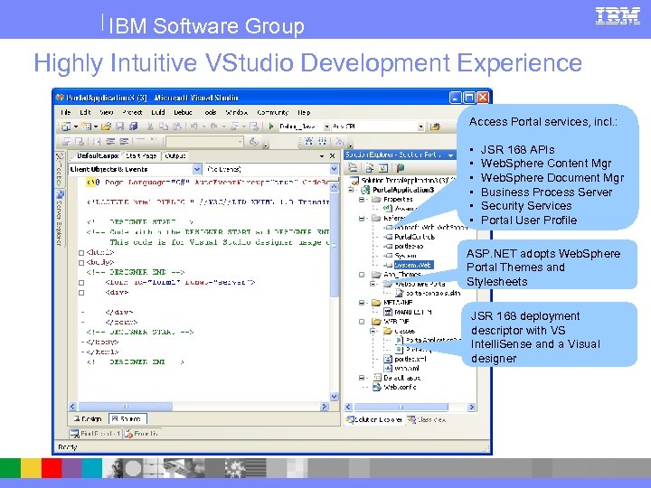 IBM Software Group Highly Intuitive VStudio Development Experience Access Portal services, incl. : •