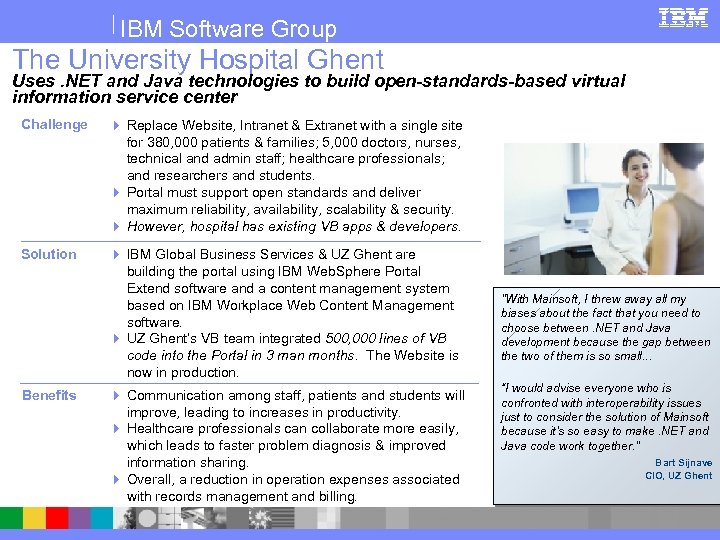 IBM Software Group The University Hospital Ghent Uses. NET and Java technologies to build