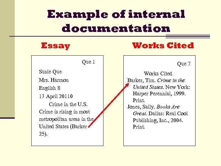 Example of internal documentation Essay Works Cited Que 1 Que 7 Susie Que Mrs.