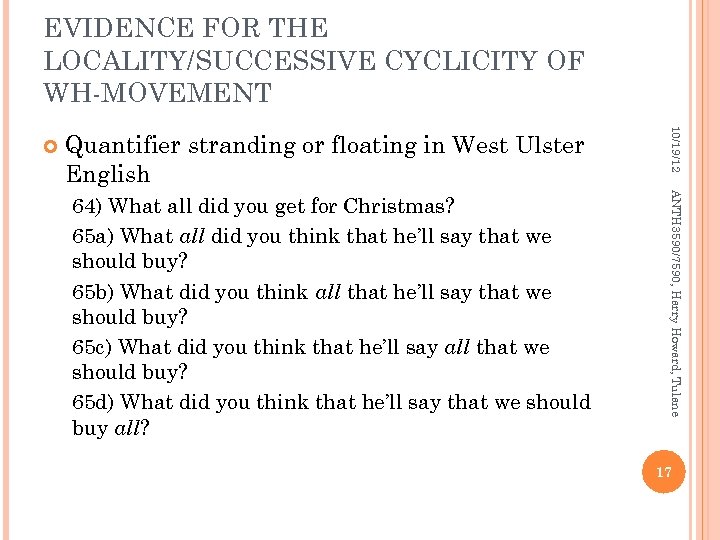 EVIDENCE FOR THE LOCALITY/SUCCESSIVE CYCLICITY OF WH-MOVEMENT Quantifier stranding or floating in West Ulster