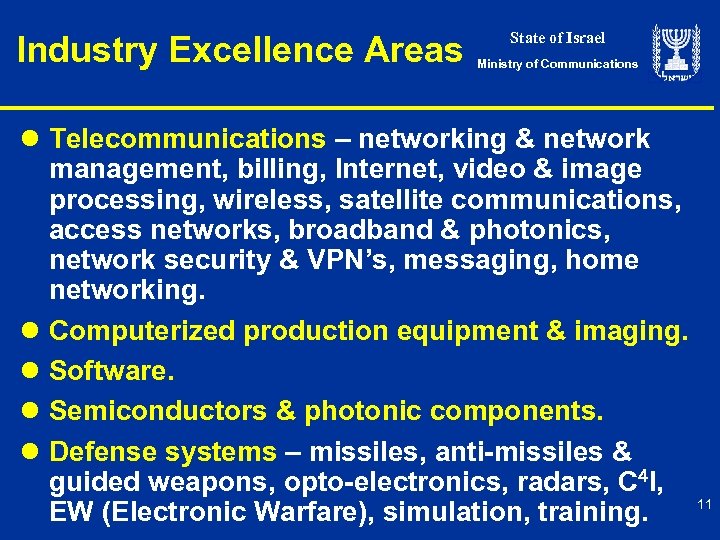 Industry Excellence Areas State of Israel Ministry of Communications l Telecommunications – networking &