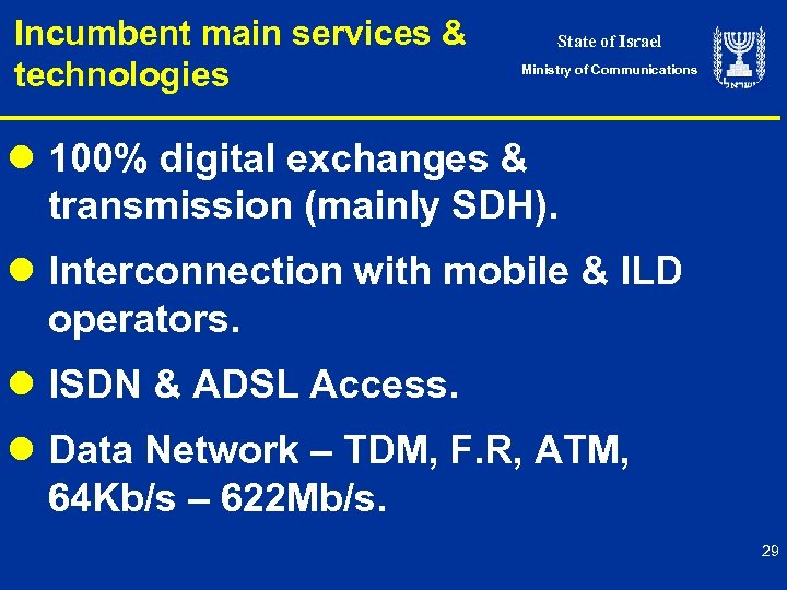 Incumbent main services & technologies State of Israel Ministry of Communications l 100% digital