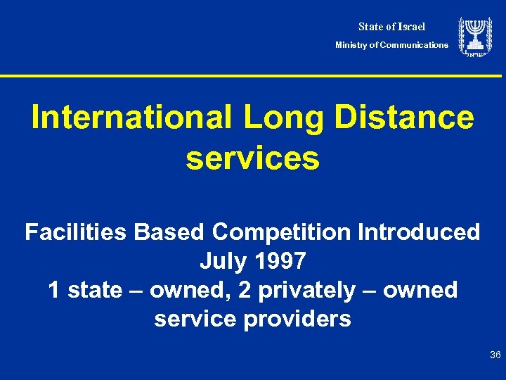 State of Israel Ministry of Communications International Long Distance services Facilities Based Competition Introduced
