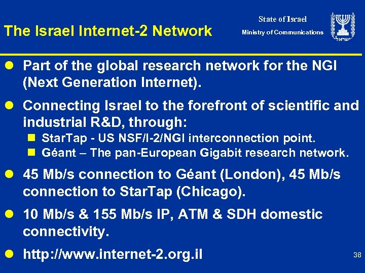 The Israel Internet-2 Network State of Israel Ministry of Communications l Part of the