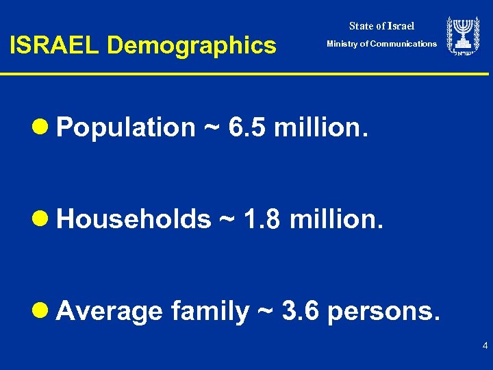 ISRAEL Demographics State of Israel Ministry of Communications l Population ~ 6. 5 million.