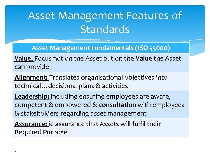 Asset Management Features of Standards Asset Management Fundamentals (ISO 55000) Value; Focus not on