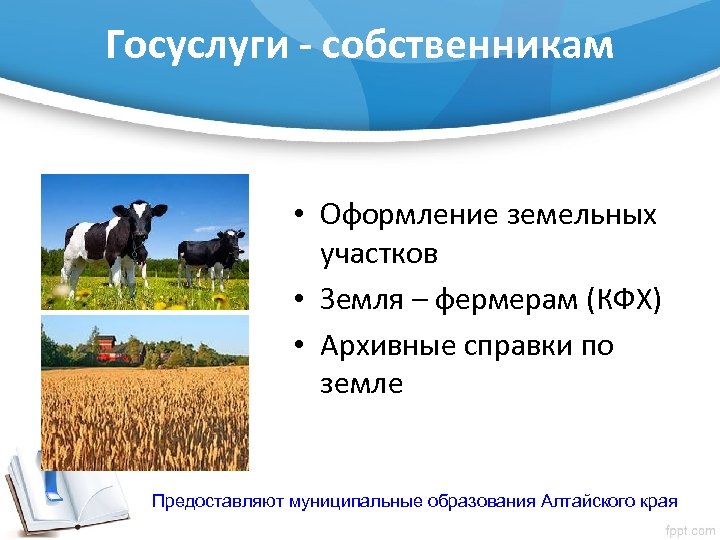 Госуслуги - собственникам • Оформление земельных участков • Земля – фермерам (КФХ) • Архивные