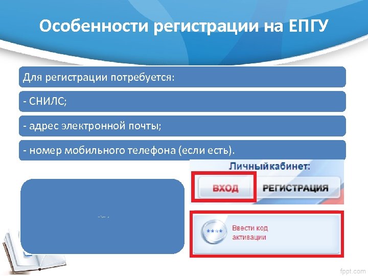 Особенности регистрации на ЕПГУ Для регистрации потребуется: - СНИЛС; - адрес электронной почты; -
