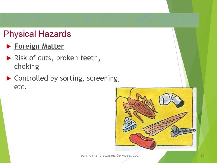 Physical Hazards Foreign Matter Risk of cuts, broken teeth, choking Controlled by sorting, screening,