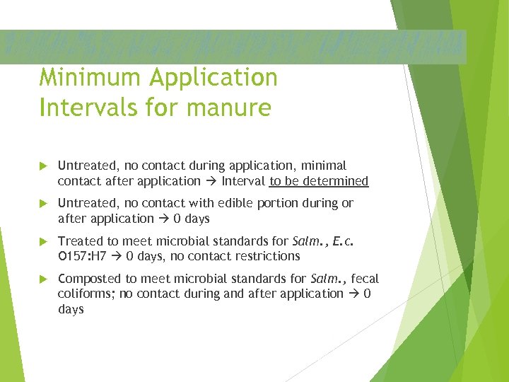 Minimum Application Intervals for manure Untreated, no contact during application, minimal contact after application