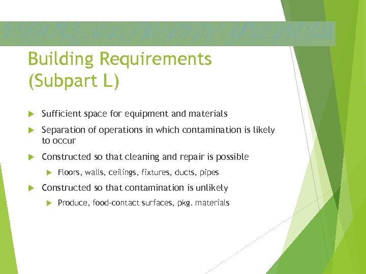 Building Requirements (Subpart L) Sufficient space for equipment and materials Separation of operations in